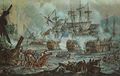 التحام الأساطيل. الصورة تظهر بارجة راية كدرنگتون، HMS Asia (بوسط الصورة)، وهي تقصف بارجتي رايات عثمانيتين.