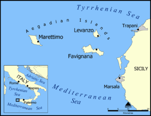 A map showing the locations of the Aegates Islands