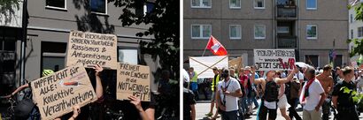 Collage Antifascist bicycle demonstration Berlin 2020-08-01 14 and Conspiracy theorist protest Berlin 2020-08-01 109.jpg