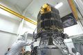 The LADEE spacecraft mounted on the vibration table prior to the start of vibration testing in Jan 2013.
