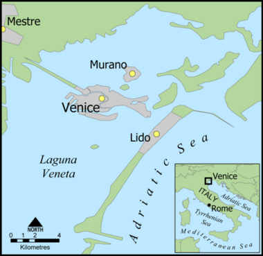 map of Venice, Murano, and Italy