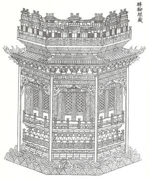 A diagram of the front three sides of what appears to be a six sided wooden structure. All of its surfaces are intricately carved, with small doors in each side, cloud patterns in the bottom, and a wall carving at the top.