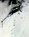 Clear view of the Antarctic Peninsula, the Larsen Ice Shelf, and the sea ice covered waters around the region.