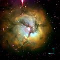 The Trifid nebula. The outlined area is enlarged right. Credit: NASA/ESA.