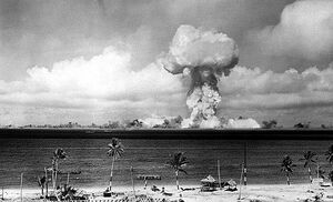 The airburst nuclear explosion of July 1, 1946. Photo taken from a tower on Bikini Island, 3.5 ميل (5.6 km) away.