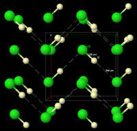 The structure of solid DCl, as determined by neutron diffraction of DCl powder at 77 K. DCl was used instead of HCl because the deuterium nucleus is easier to detect than the hydrogen nucleus. The "infinite" chains of DCl are indicated by the dashed lines.