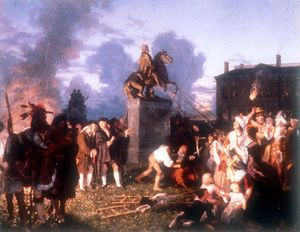 Johannes Adam Simon Oertel. Pulling Down the Statue of King George III, N.Y.C., ca. 1859. The painting is a romanticised version of the Sons of Liberty destroying the symbol of monarchy following the reading by George Washington of the United States Declaration of Independence to the Continental Army and residents on the New York City commons, July 9th, 1776
