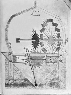 آلة للافع الماء نحو عشرين ذراعاً بدولاب من ماء جار.jpg