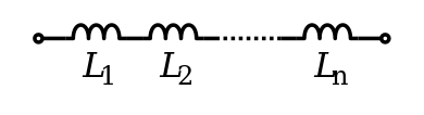 A diagram of several inductors, connected end to end, with the same amount of current going through each